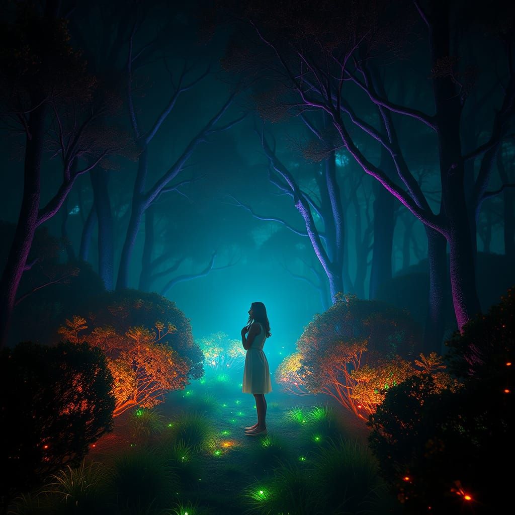 Woman in Glowing Bio-luminescent Forest