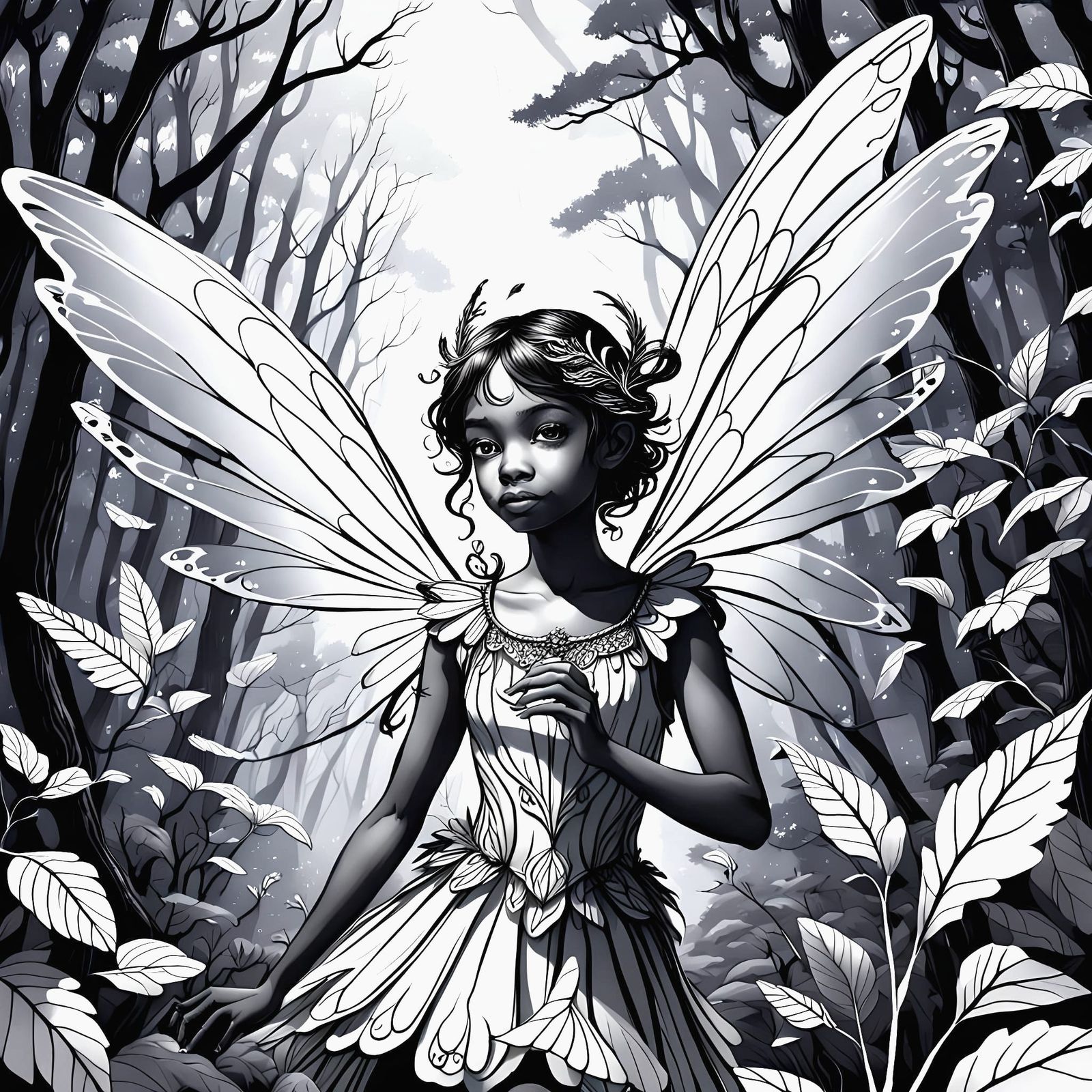 Angelic Fairy Coloring Book Illustration in Black Ink
