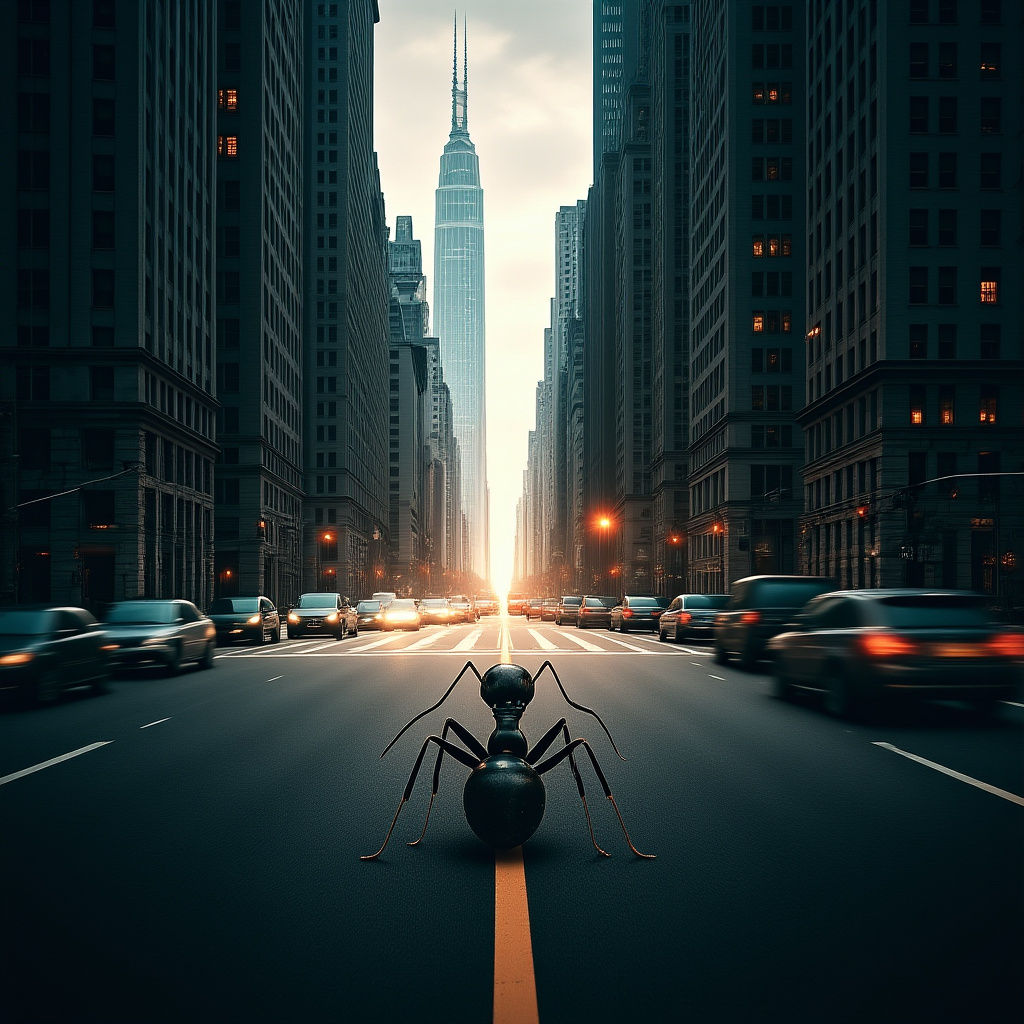 Ant in Cityscape: Hyper-Realistic, High Contrast, Perfect Co...