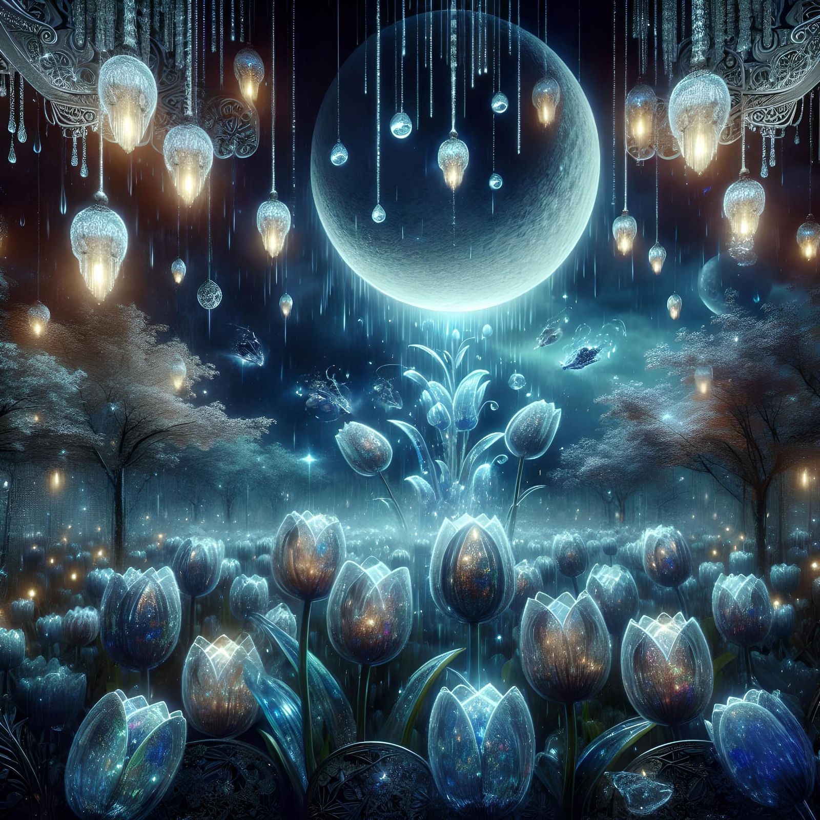 Hanging Garden with Holographic Tulips in Moonlight