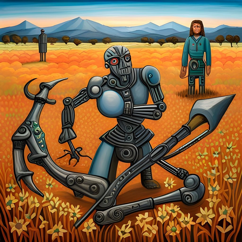 Cyborg Farmer: A Menacing Primitive Painting