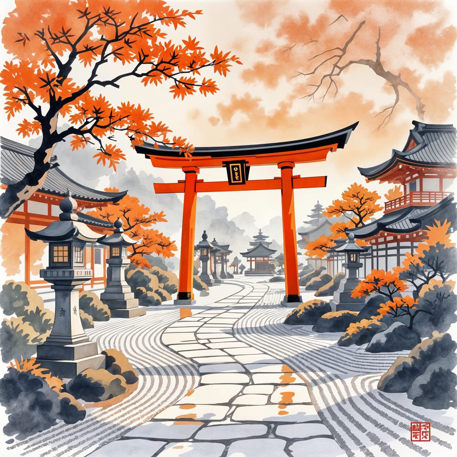 Serene Japanese Garden in Orange Monochrome