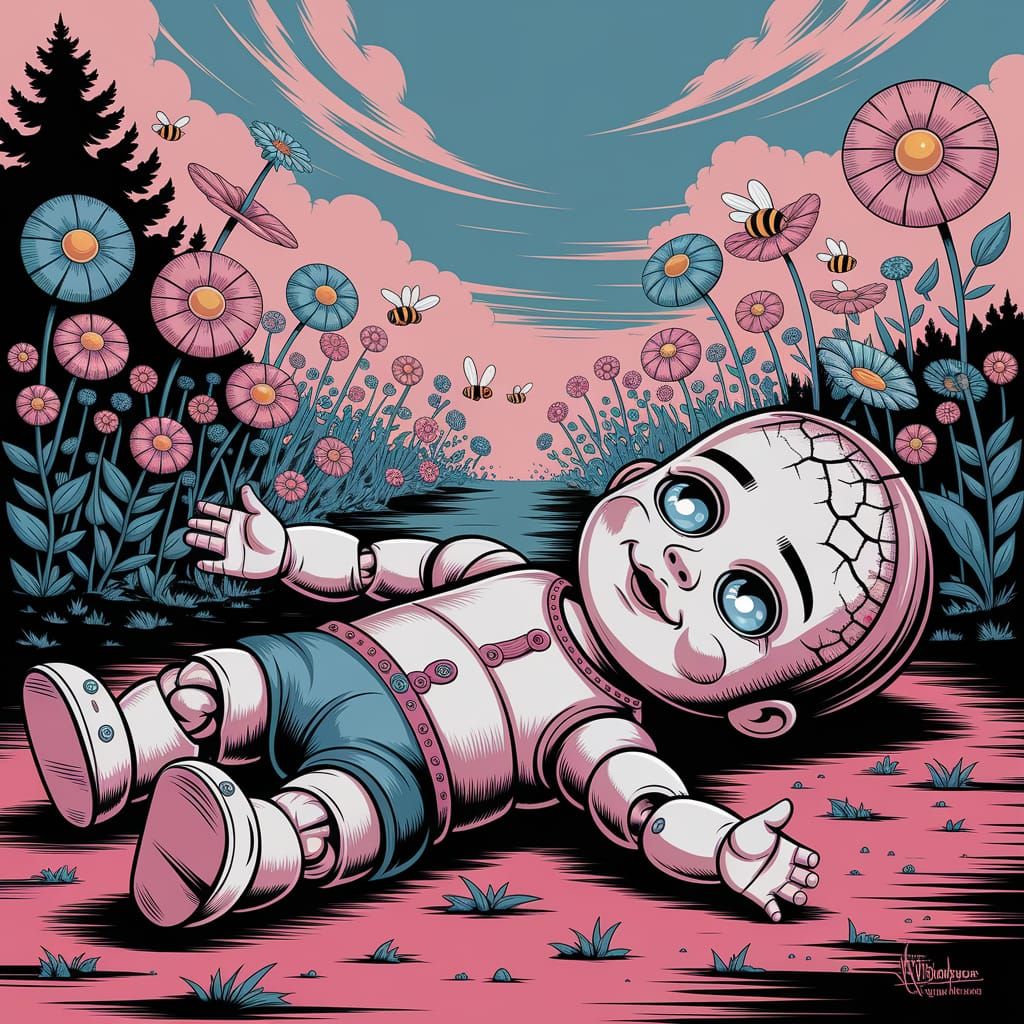 A Chipped Porcelain Doll Lies Abandoned in a Whimsical Overg...