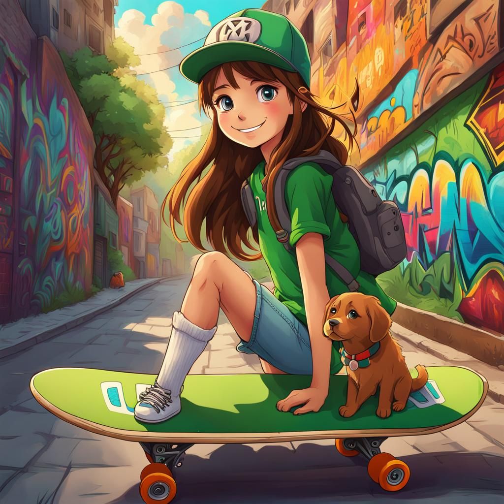 Cute Ghibli Girl on Skateboard with Puppy