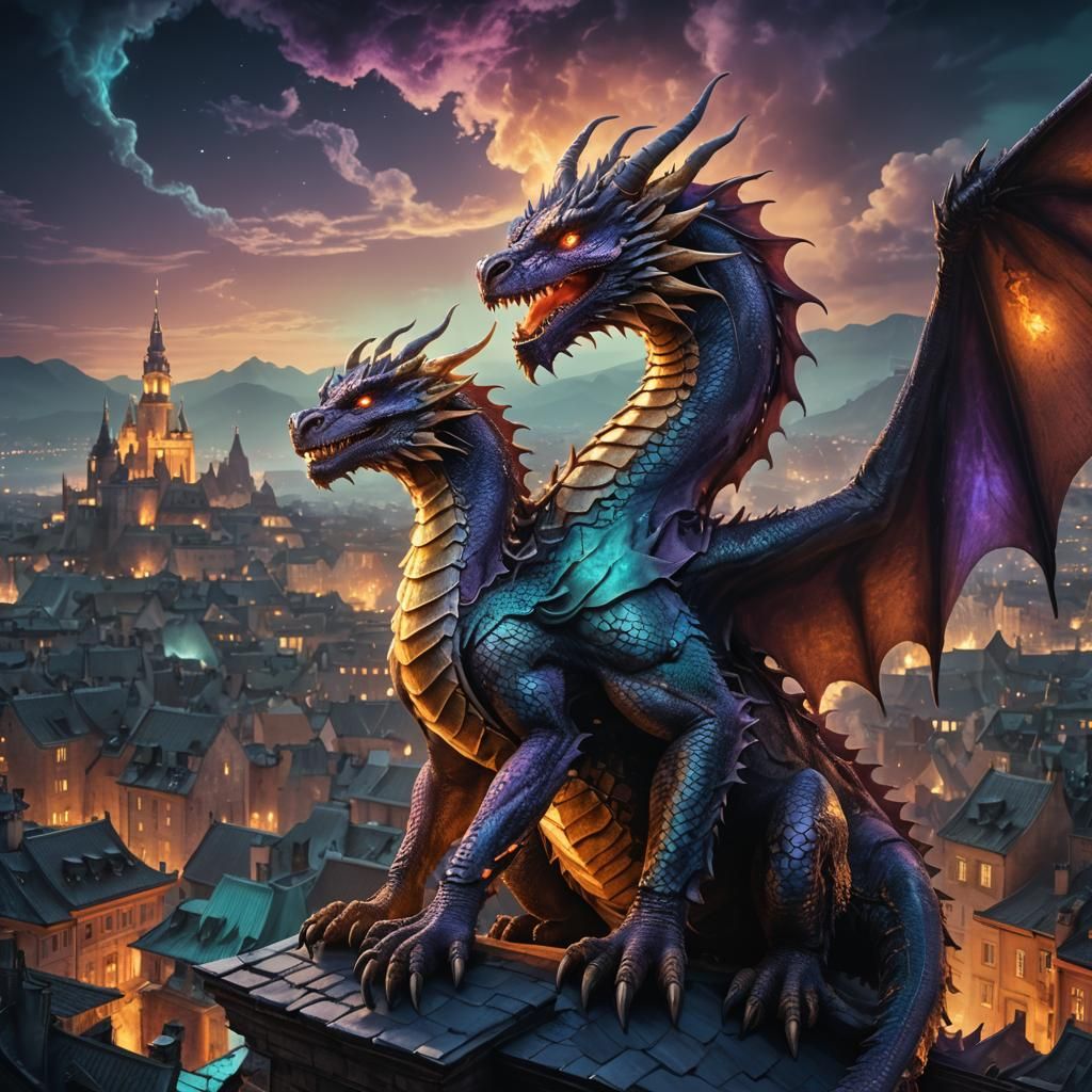 Fiery Dragon on Rooftop in Fantasy Cityscape