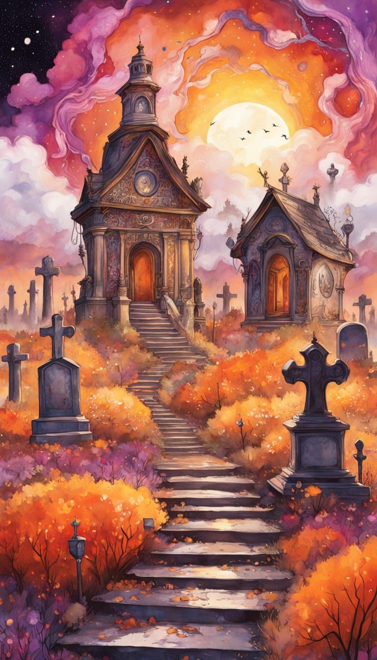 Ethereal Ghosts Swirling Over Tombstone, Alcohol Ink and Wat...