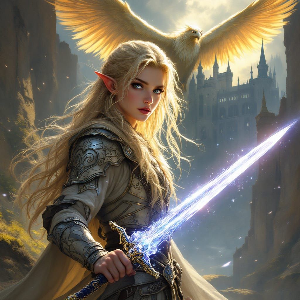 Regal Elf Warrior with Magical Sword and Griffin