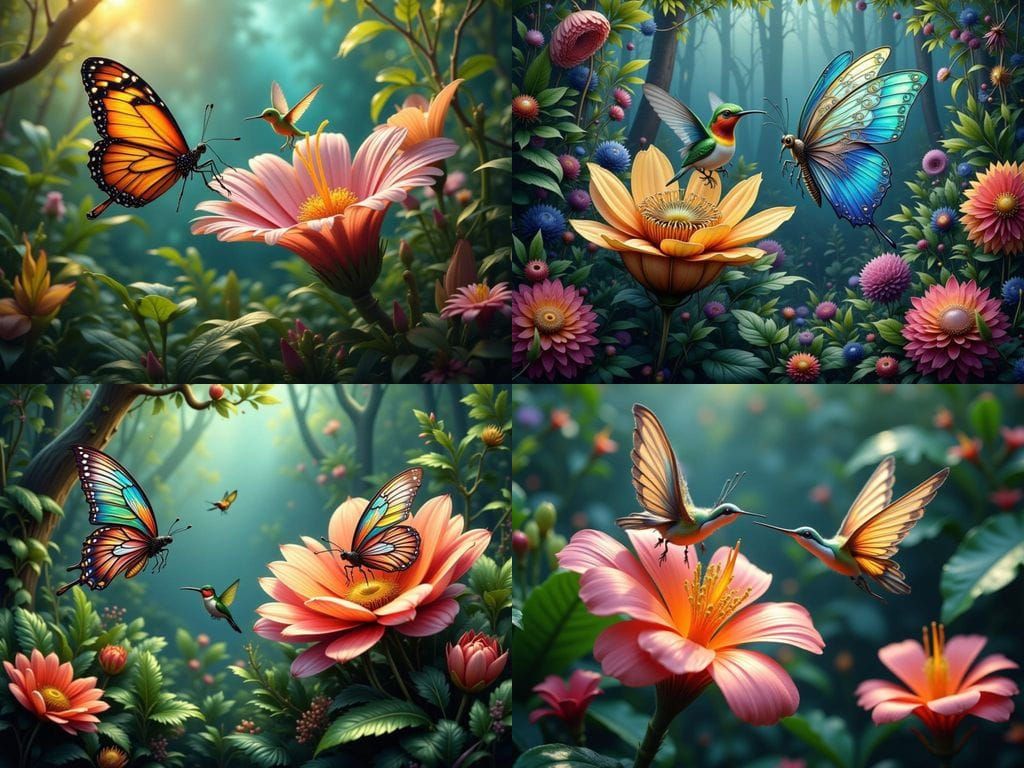 Butterfly and Hummingbird in Jungle Forest