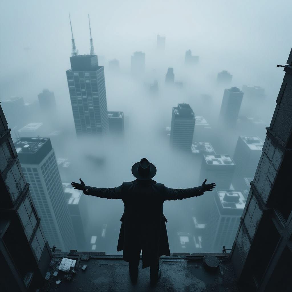 Misty Skyscraper View of a Lone Figure in Cinematic Style