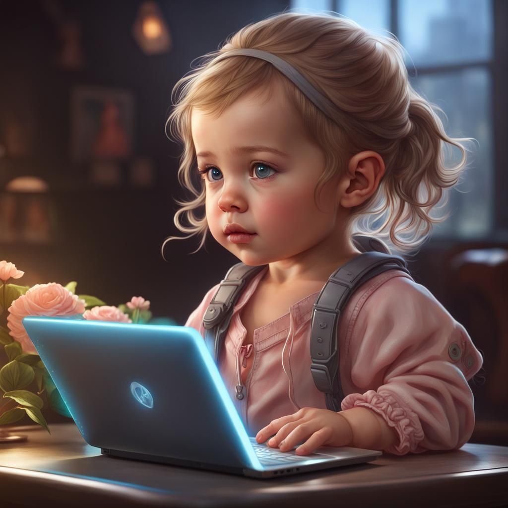 Hyperdetailed Portrait of Baby Girl with Laptop