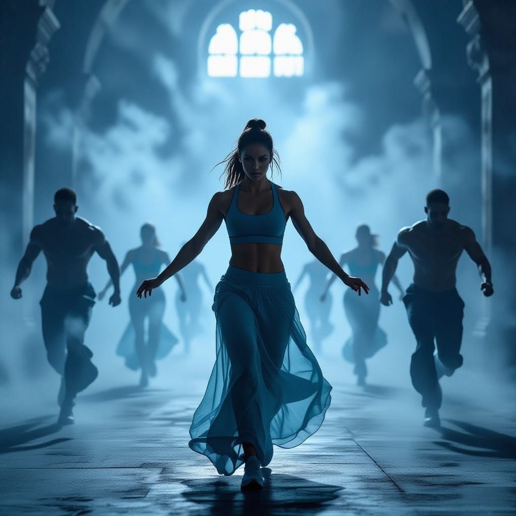 Ethereal Trainer Leads Shadowy Class in Ancient Gym