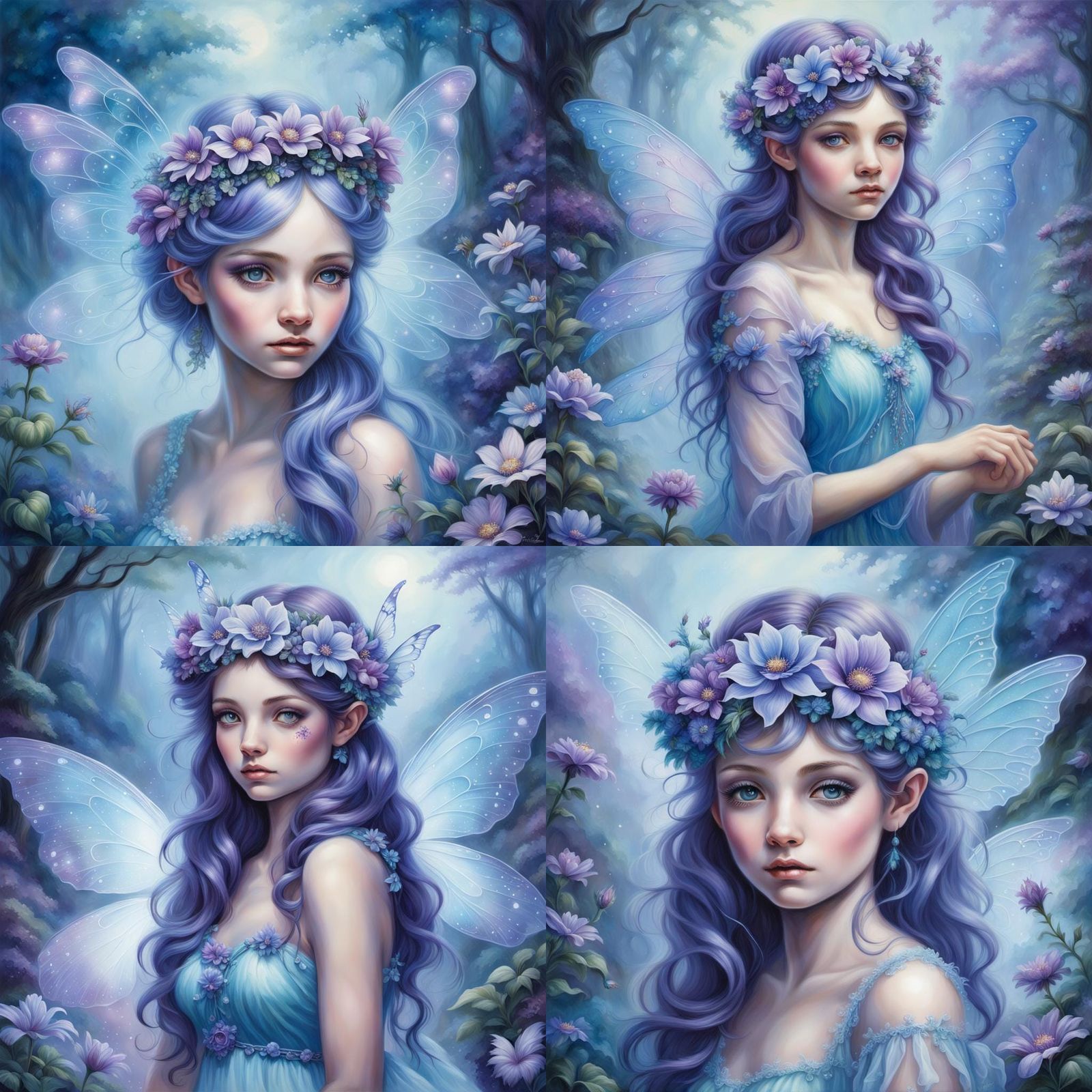 Hyperrealistic Fairy with Flower Headband in Blues and Purpl...