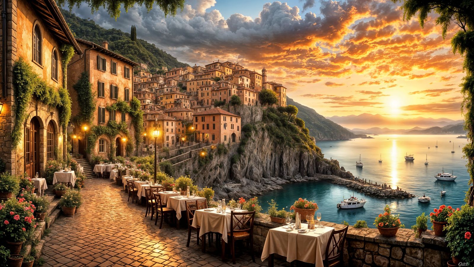 Cinque Terre Village at Sunset, Inspired by El Greco