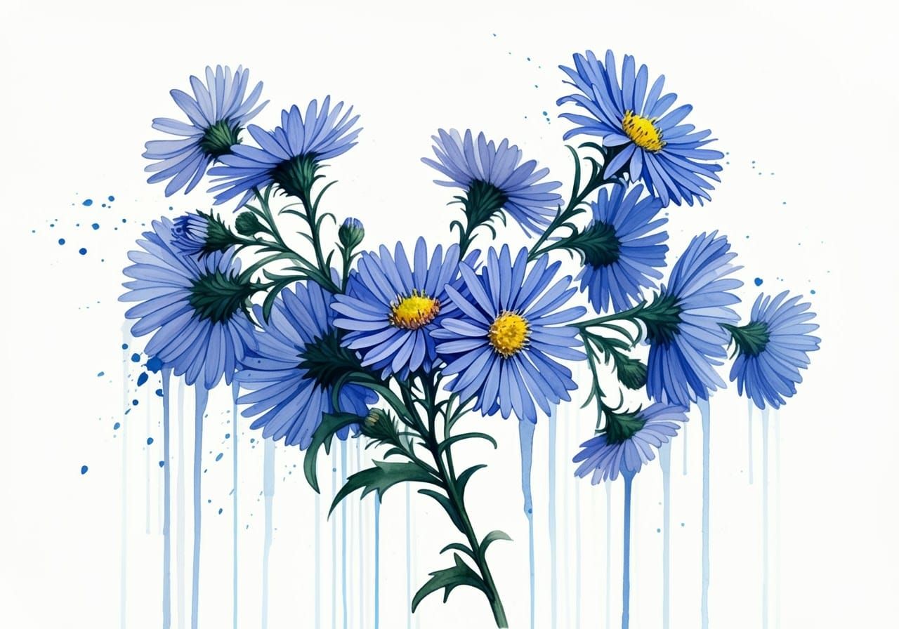 Blue Asters in Dreamlike Ink Splash Art