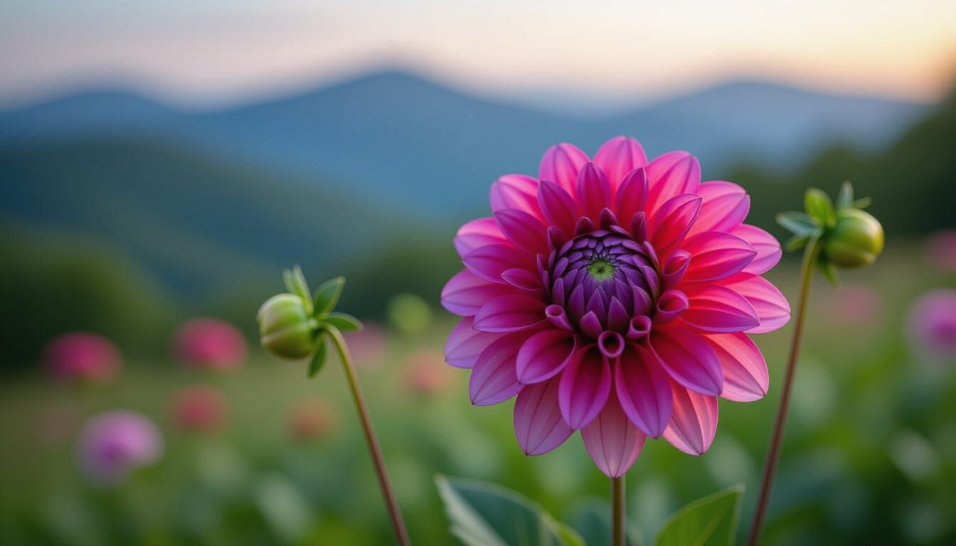 Dinnerplate Dahlia in Bloom with Mountain Backdrop