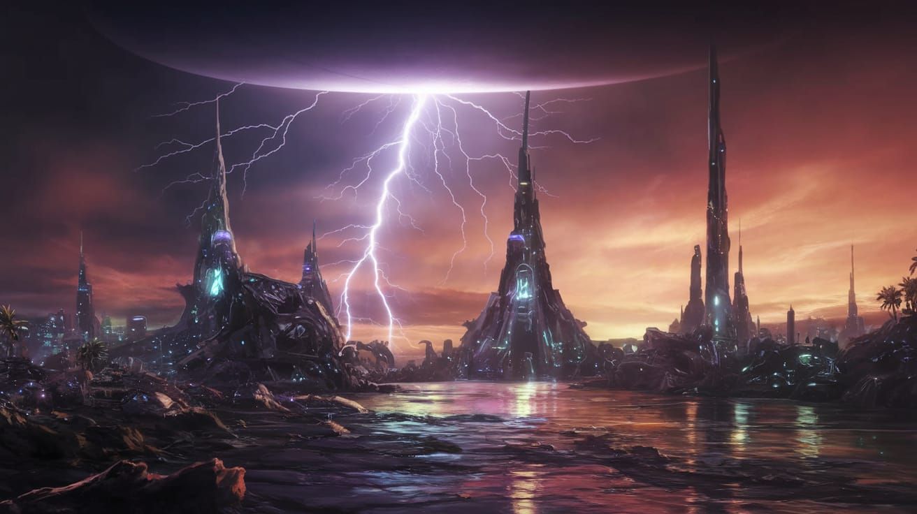 Electric Storm over Futuristic Alien Metropolis