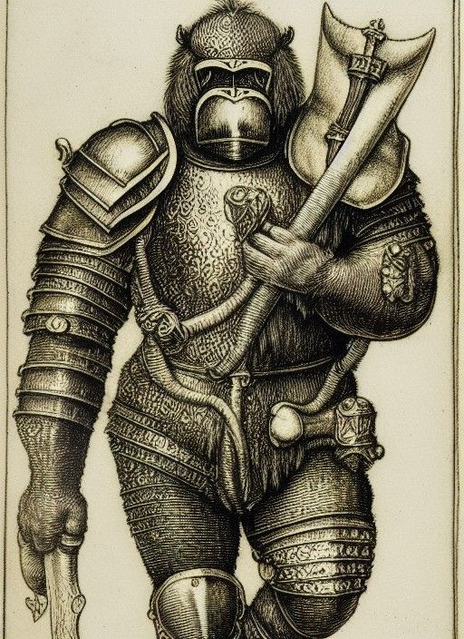 Baby Gorilla Knight Etching in Renaissance Style