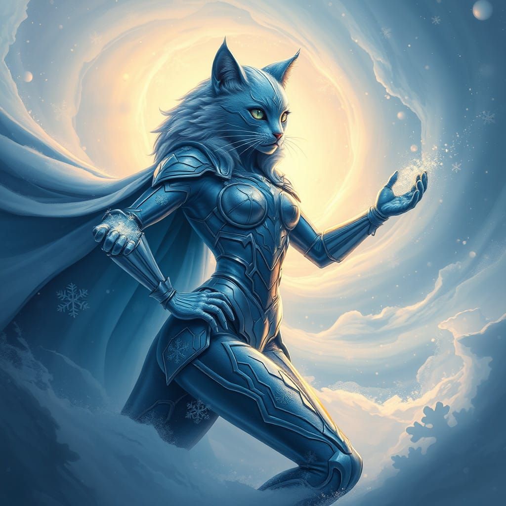 Frosty Feline Superheroine in Crystalline Armor