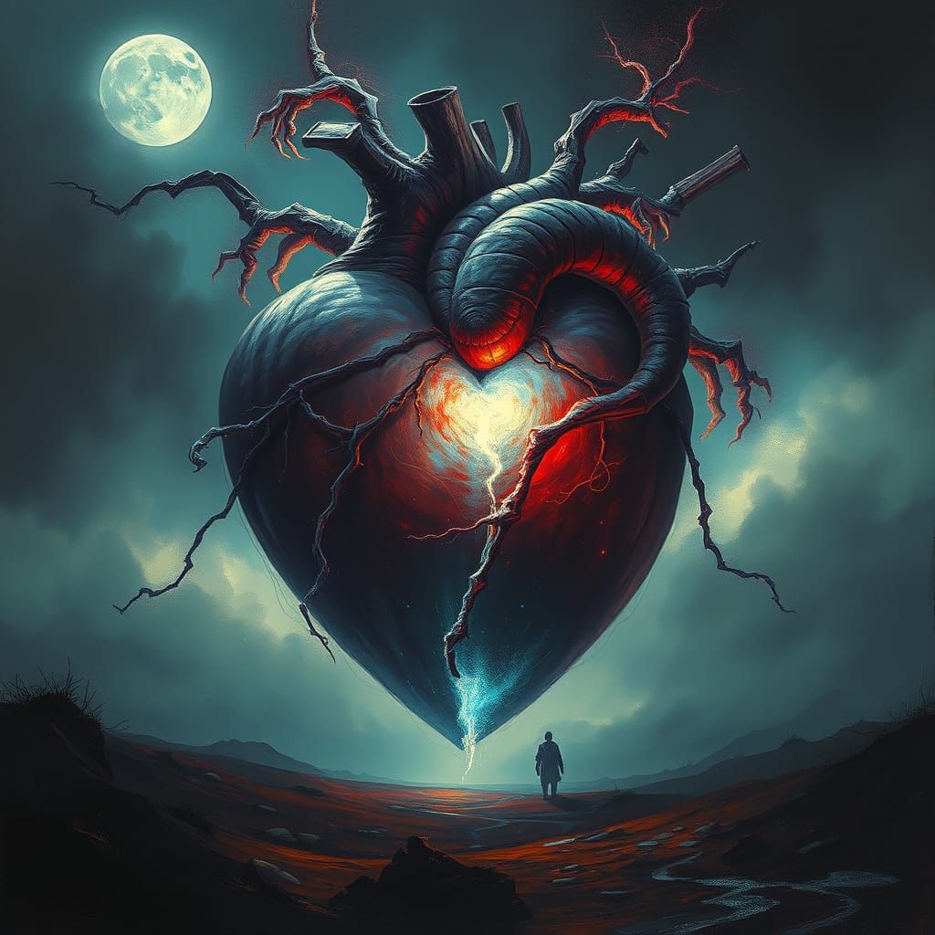 Spectral Heart Erupts Darkness in Eerie Landscape