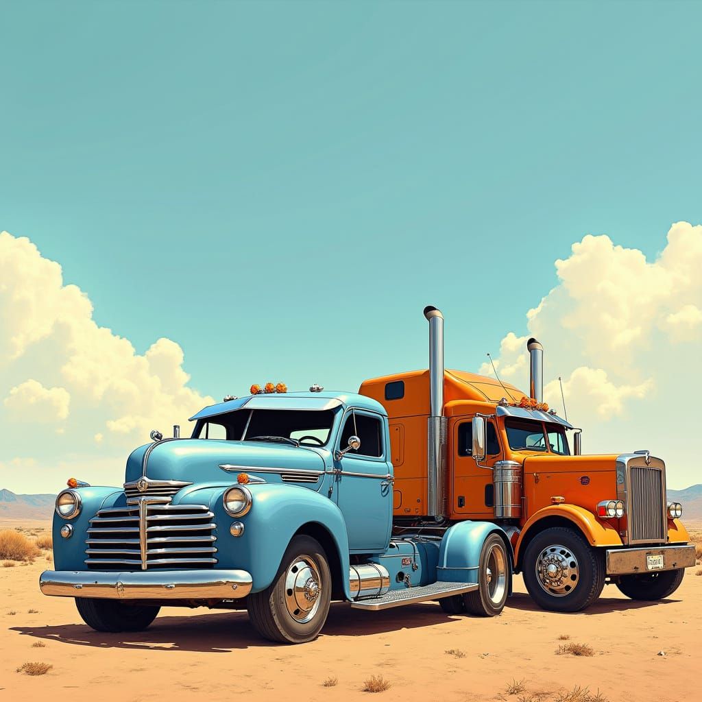 Sleek Car, Rugged Truck, and Semi in Desert