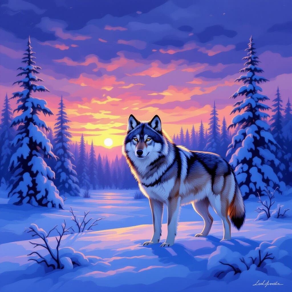 Snow-covered Siberian taiga with a gray wolf standing majestically in the twilight. Leonid Afremov