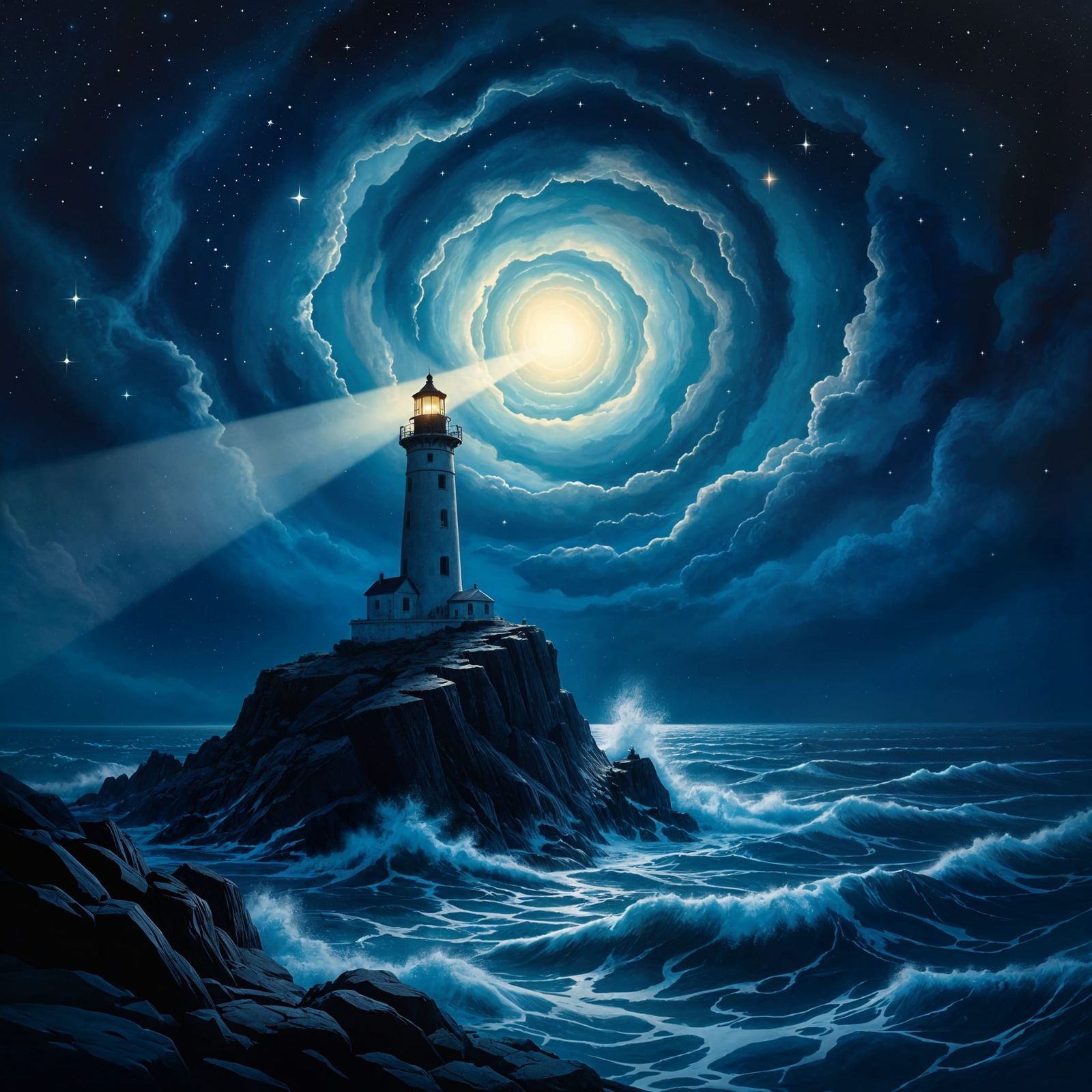 Lighthouse Amidst Starry Ocean & Cosmic Wonder
