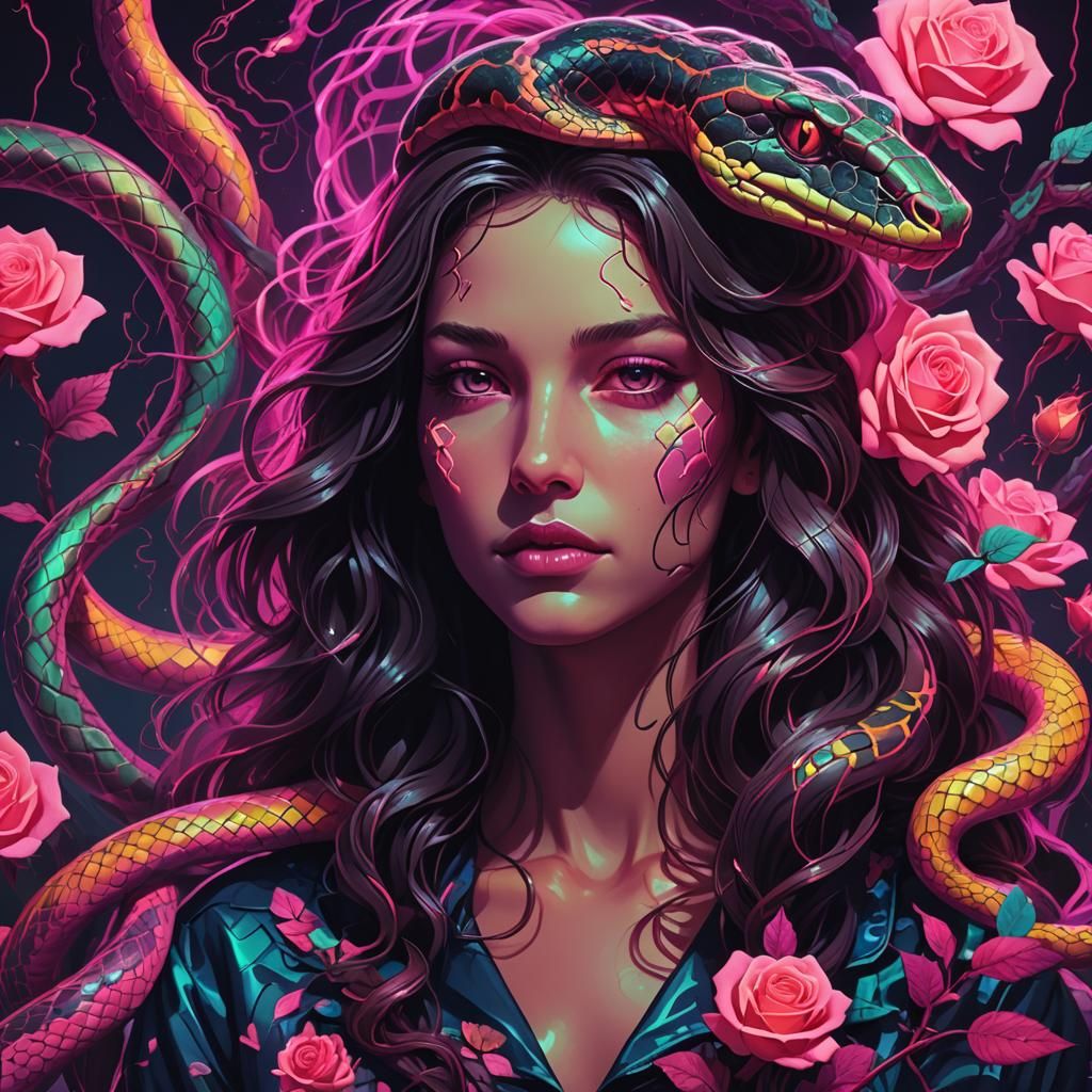 Synthwave Snake and Rose Neon Portrait