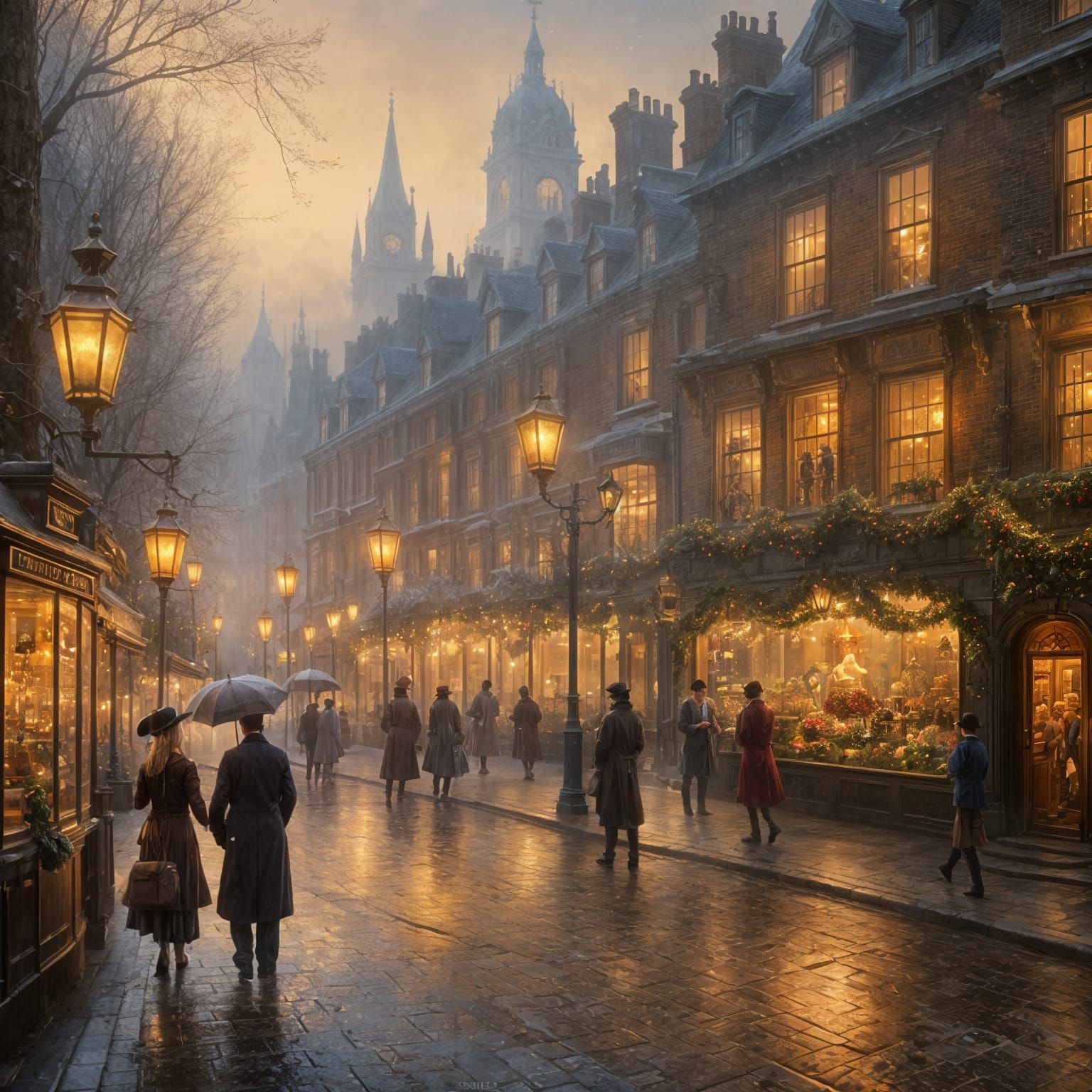 Victorian London Christmas in Foggy Hyperreal Style