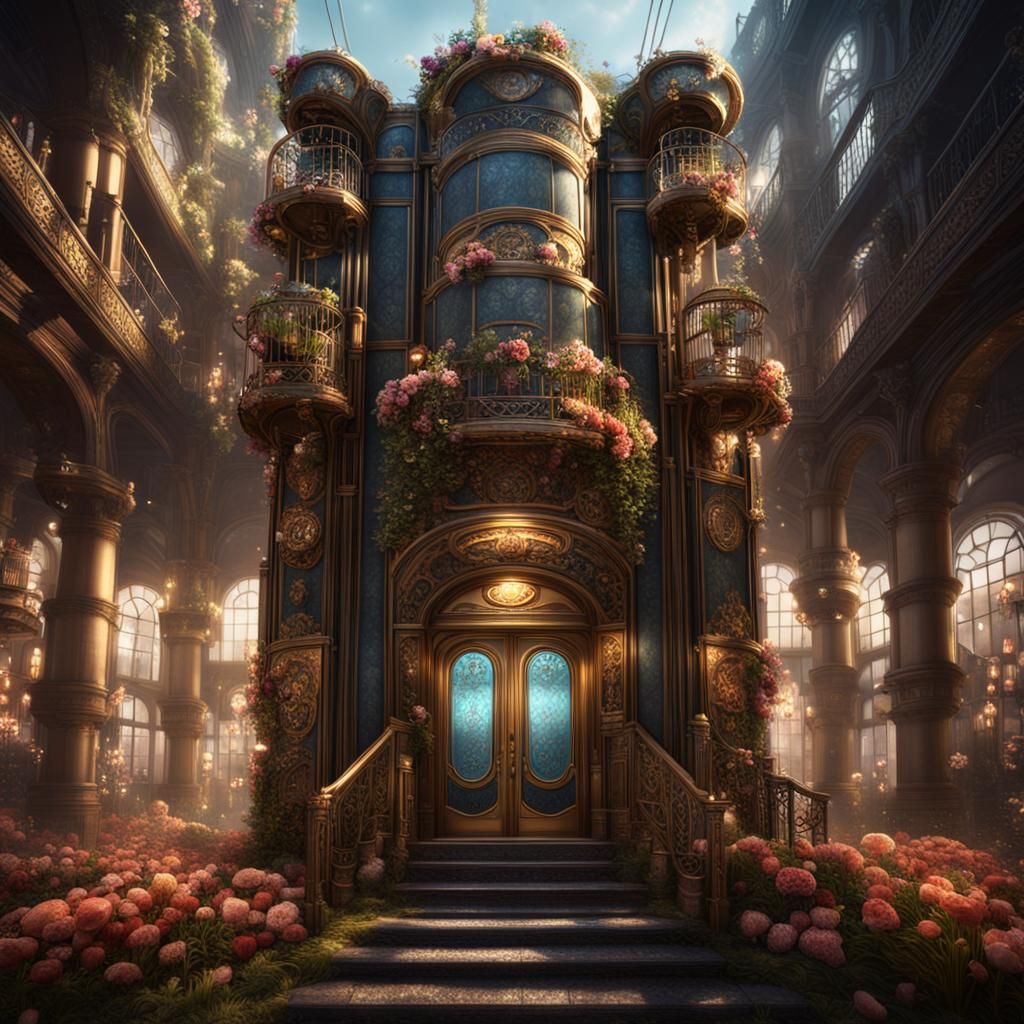 Steampunk Hotel Elevator with Flowery Design