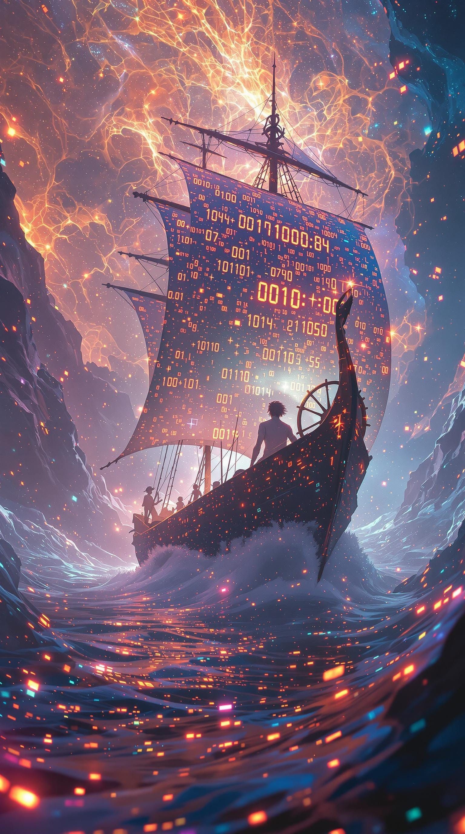 Surreal Mariner Navigates Fractal Ships Through Glowing Digi...