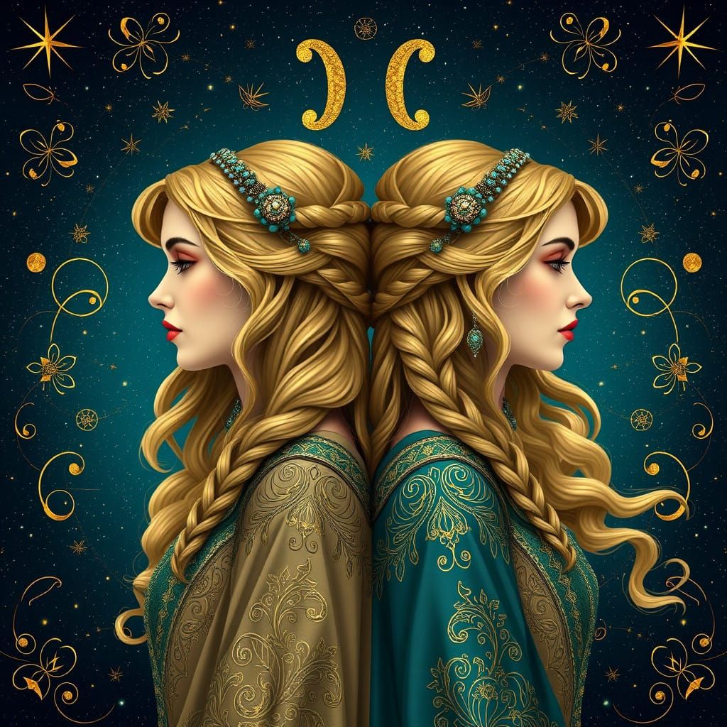 Serene Gemini Twins in Art Nouveau Style