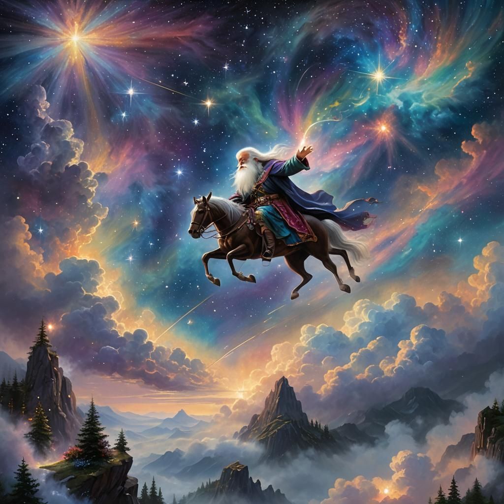 Old Man Rides Shooting Star Through Nebula