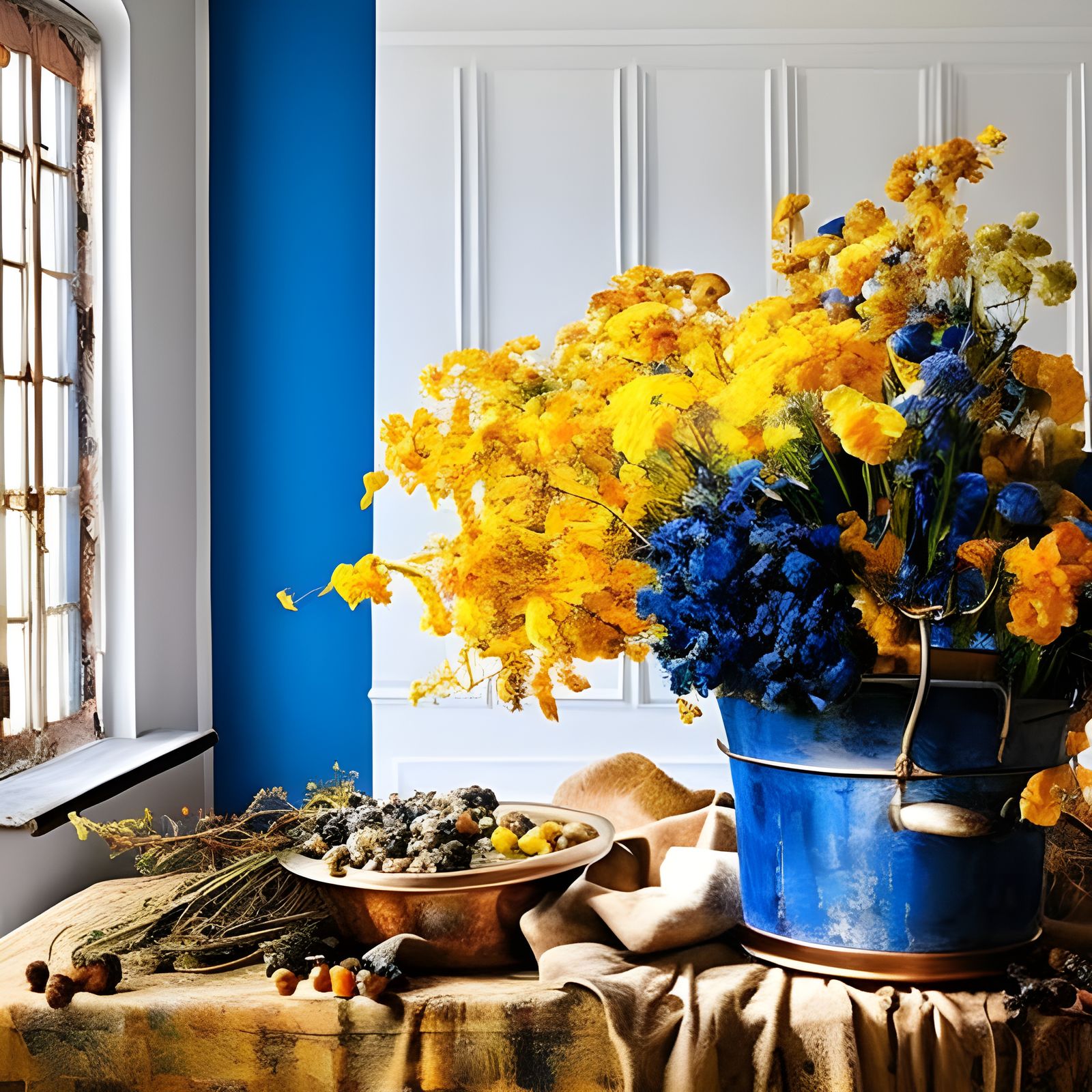 Flowers on Butcher Table in Vermeer Style