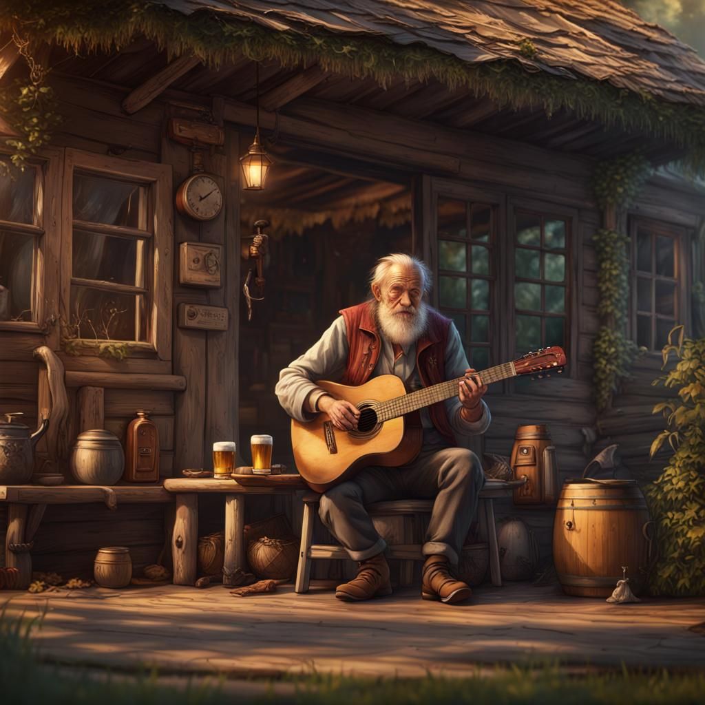 Old Man Playing Guitar: Detailed Matte Painting