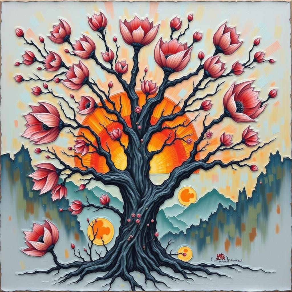Stylized Peach Tree with Floral Elements