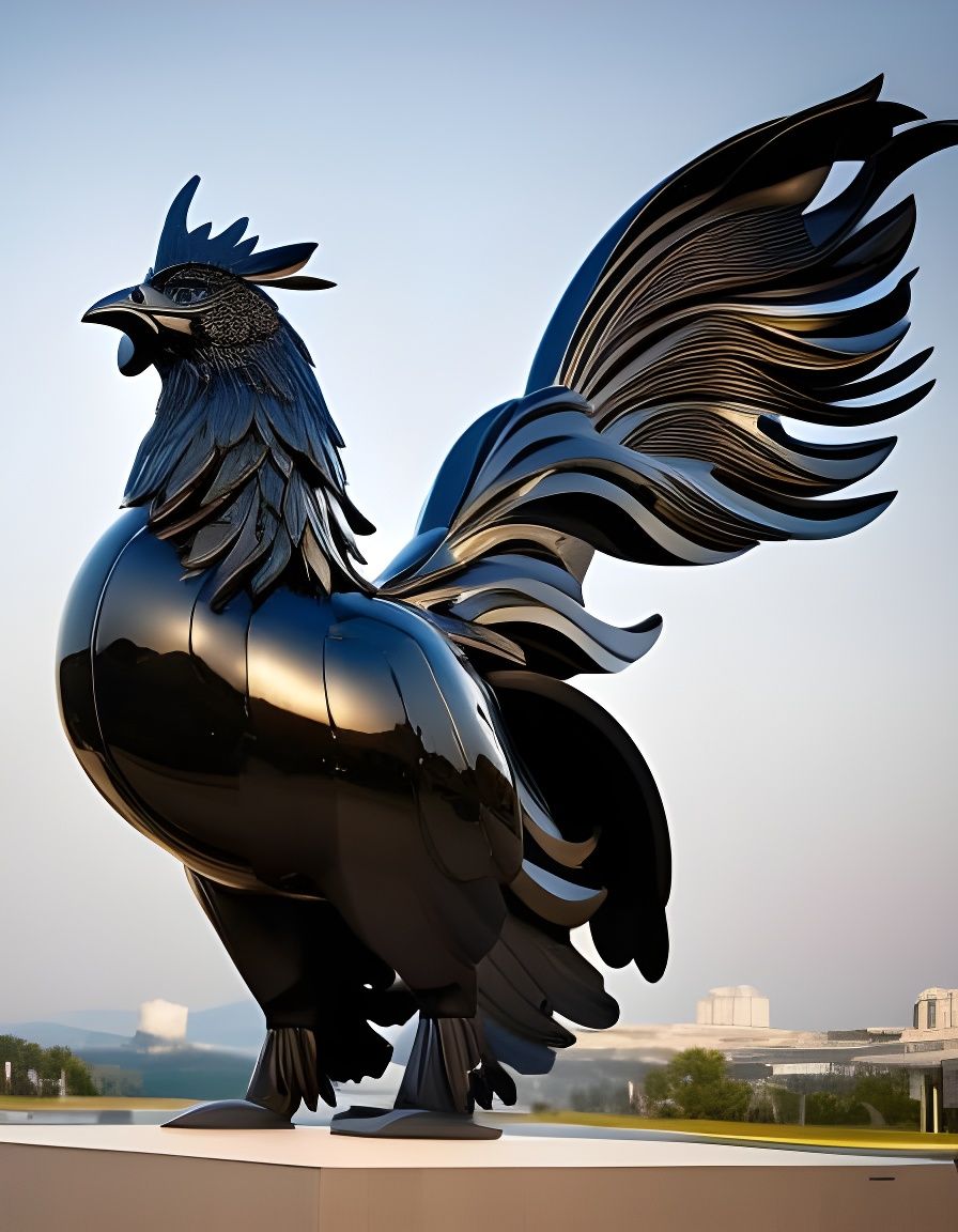 Massive black rooster sculpture