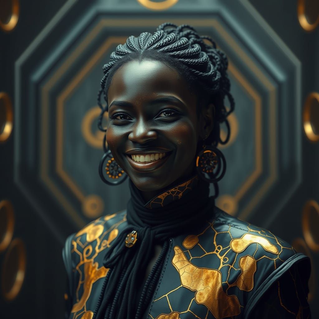 Dark Gothic Woman in Obsidian Room, Photorealistic Rendering