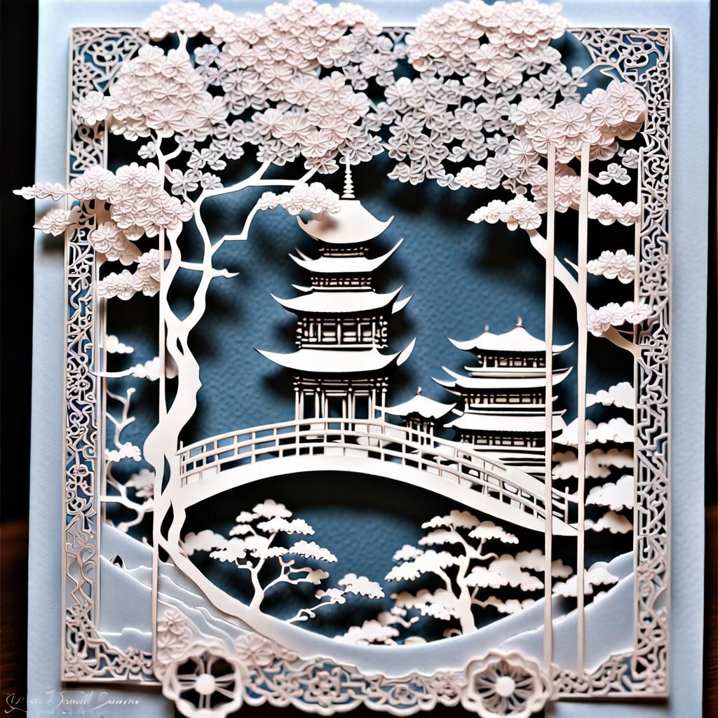 Ginkaku-ji and Sakura in Papercraft Style