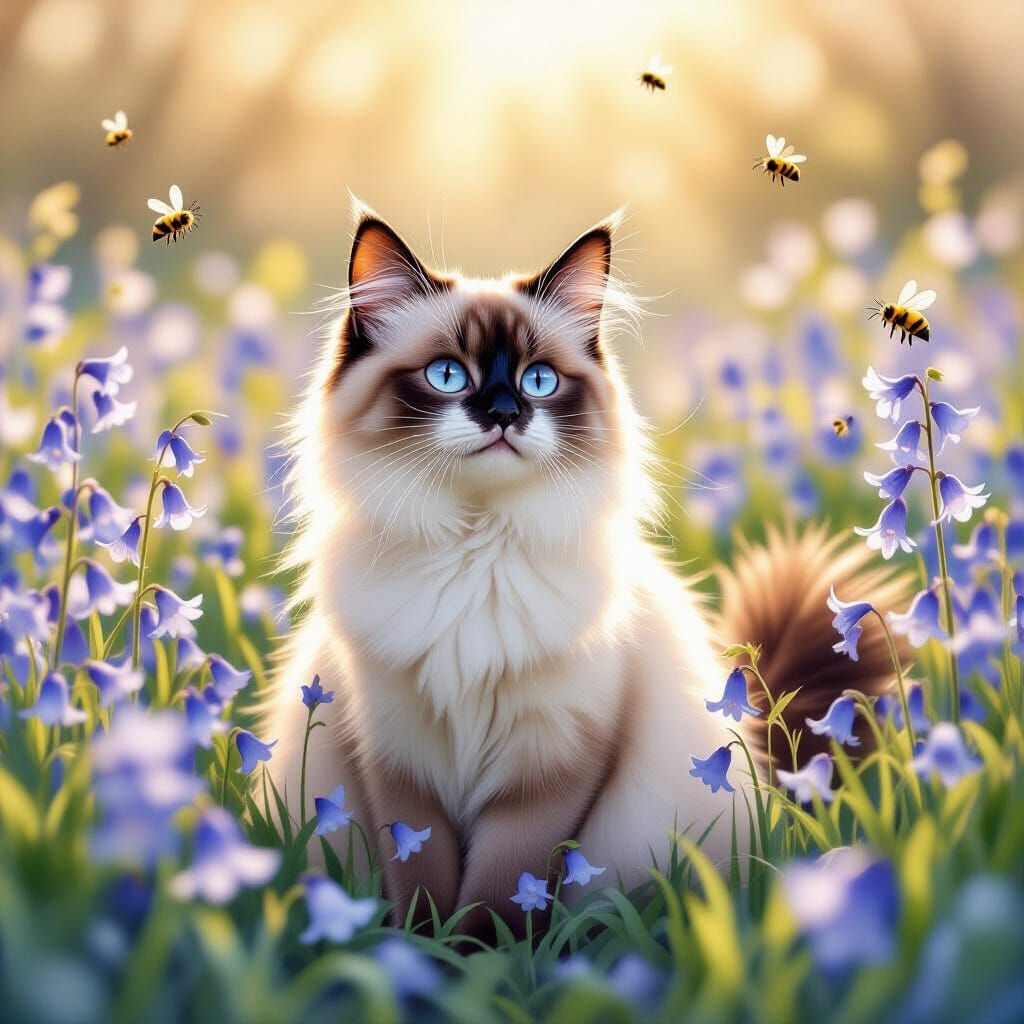 Siamese Cat in Bluebells: Watercolor Fantasy Landscape