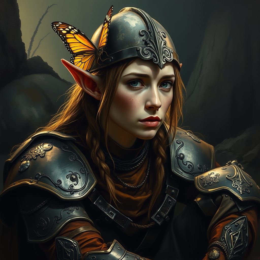 Weary Elf Warrior in Dramatic Tenebrism Oil Painting
