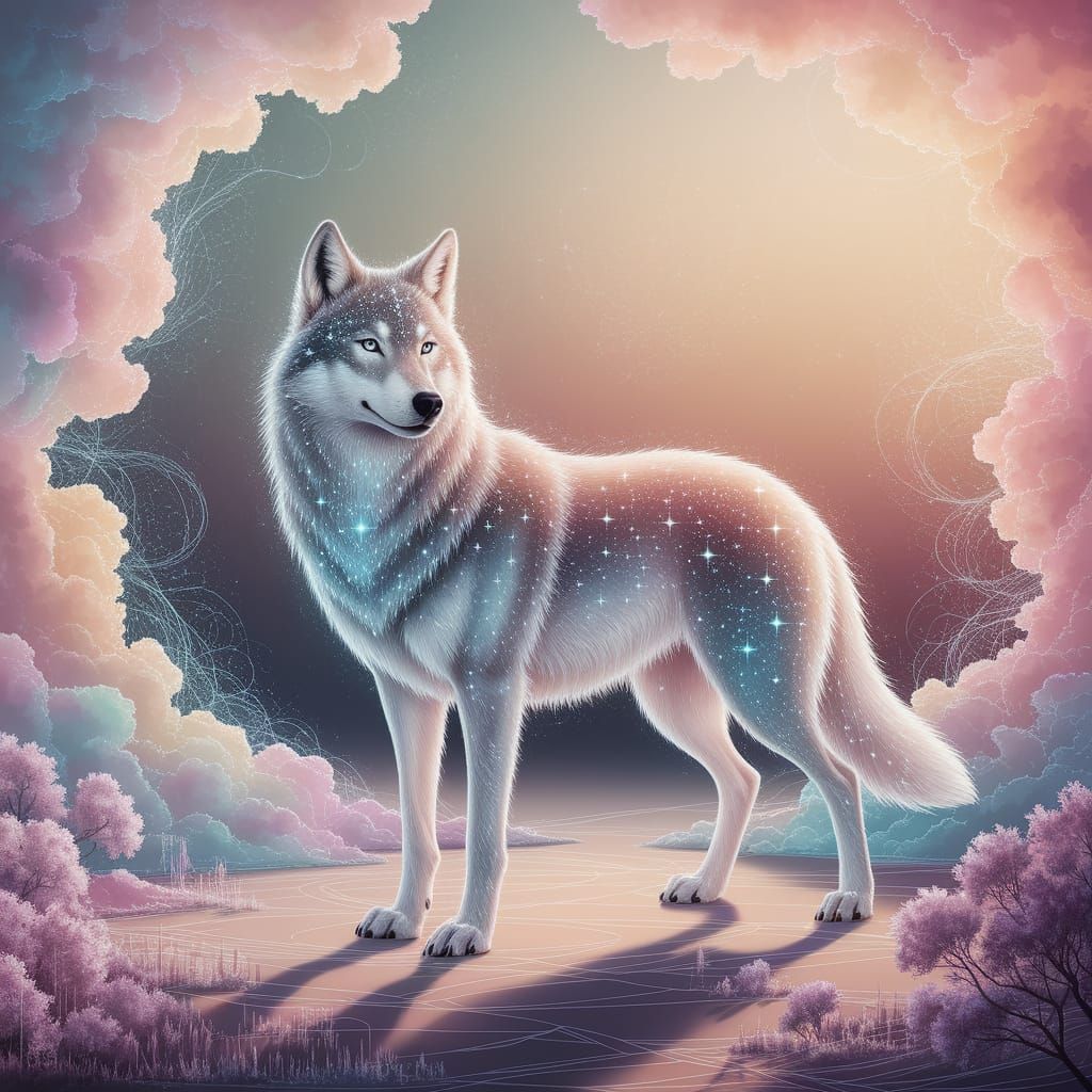 Stardust Wolf in Dreamlike Ethereal Fantasy Landscape