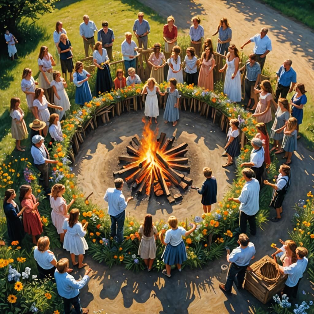 Midsummer Celebration with Bonfire and Dancing Figures
