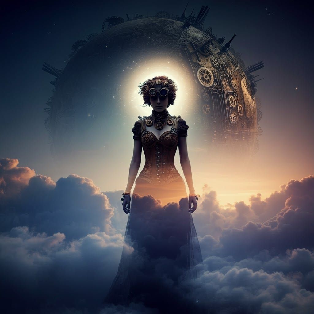 Mystical Steampunk Woman in Celestial Clouds