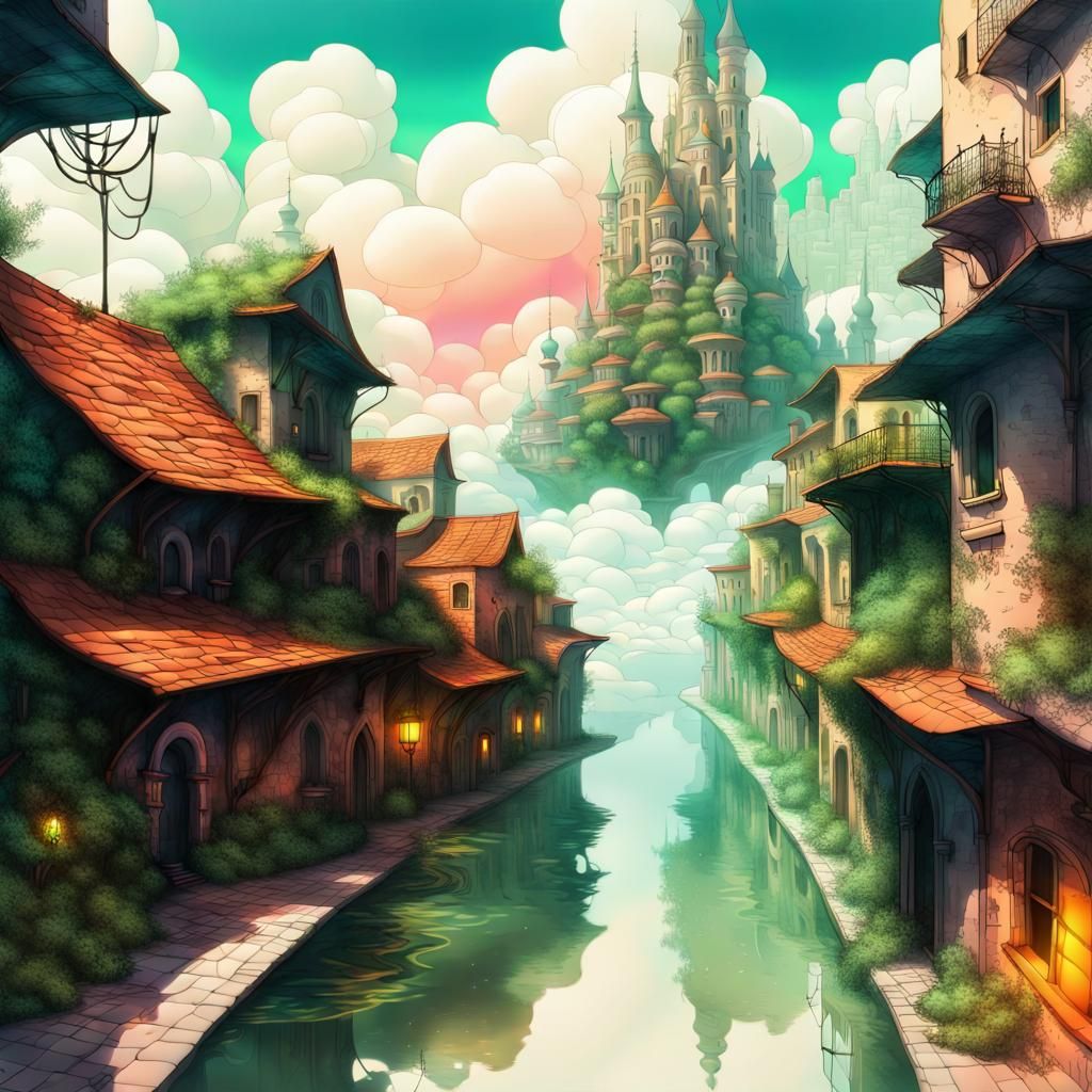 Old City Floating on Clouds in 3D Cel-Shaded Art
