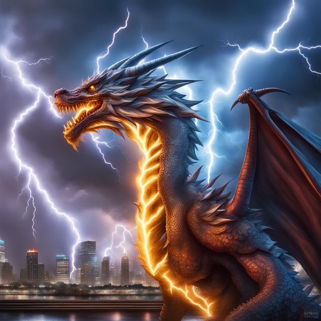 Lightning Elemental Dragon in City Thunderstorm