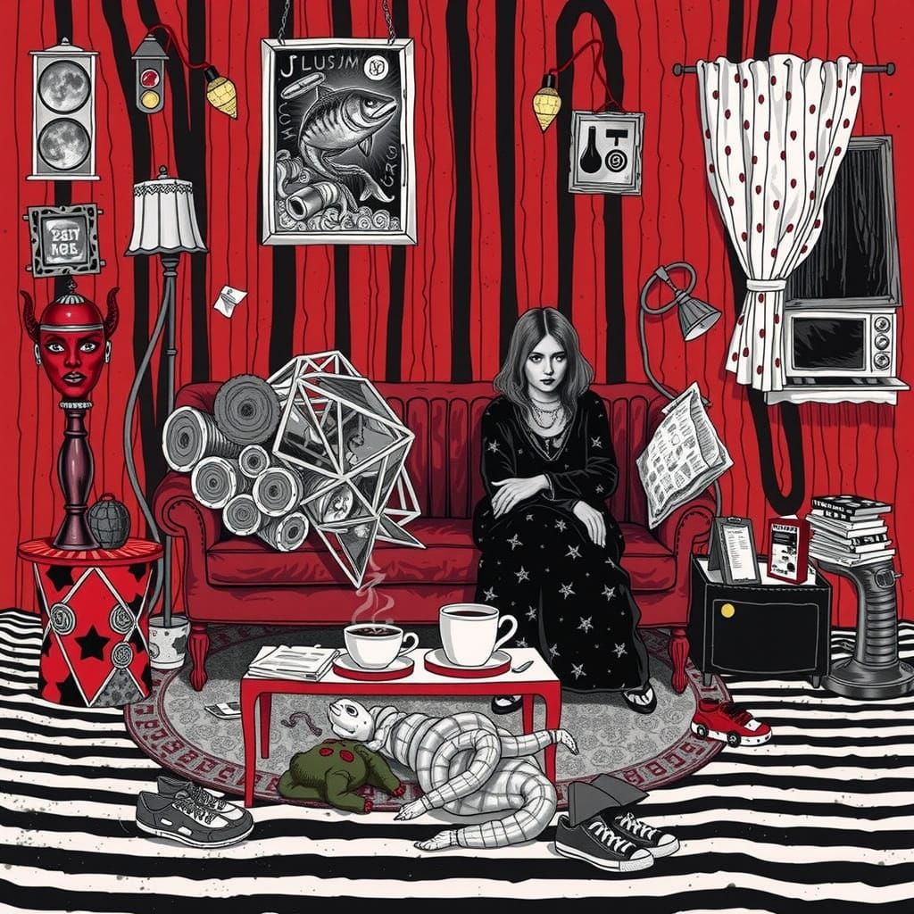 Surreal Nighttime Scene with Dark Humor and Whimsy