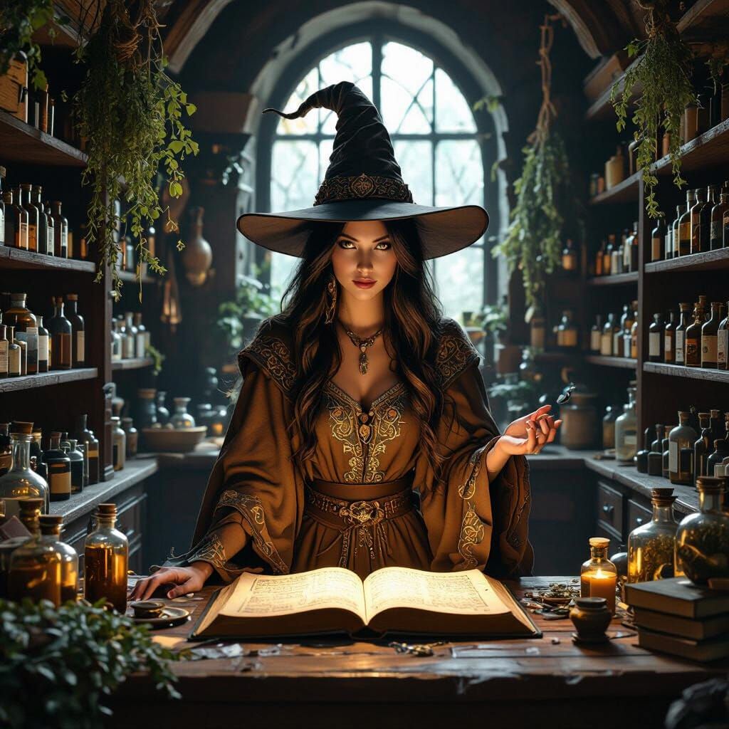 Mystical Witch in Dimly Lit Apothecary