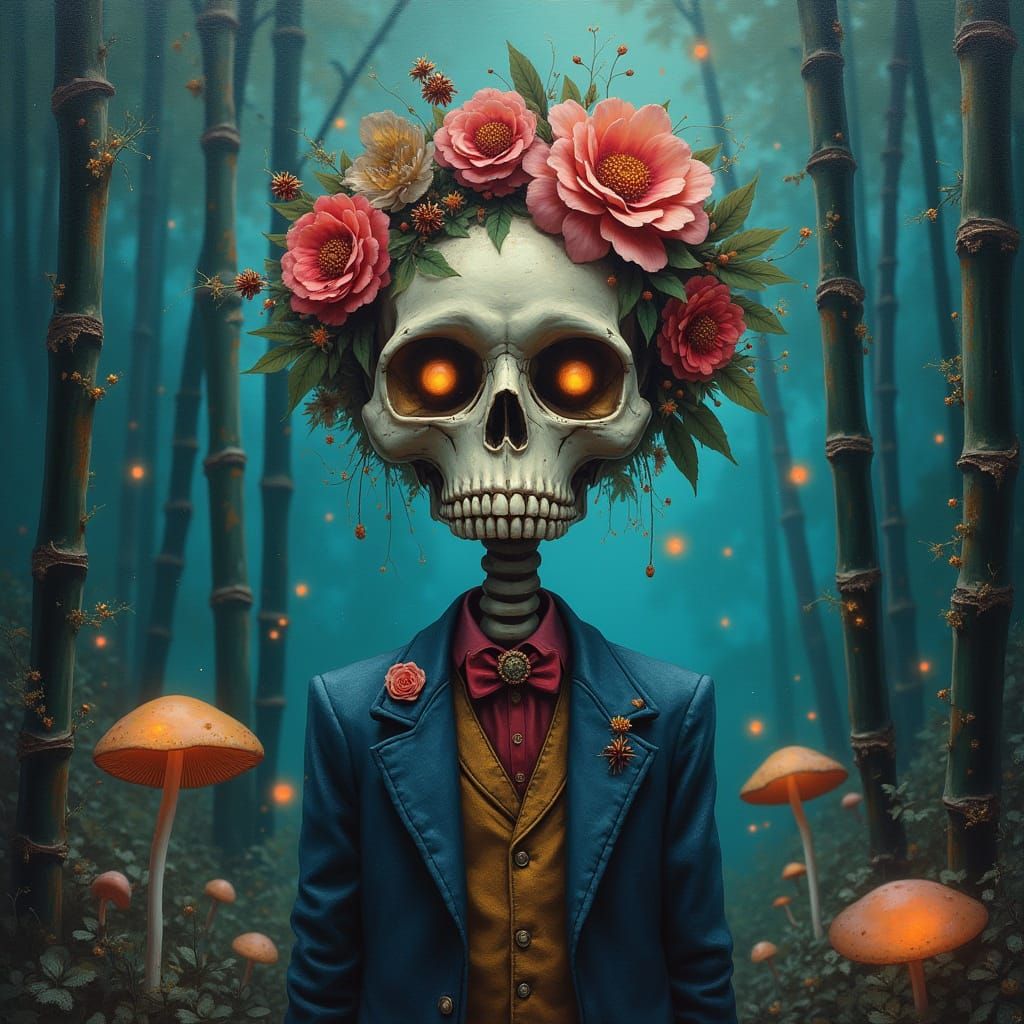 Steampunk Floral Skull in Bioluminescent Forest