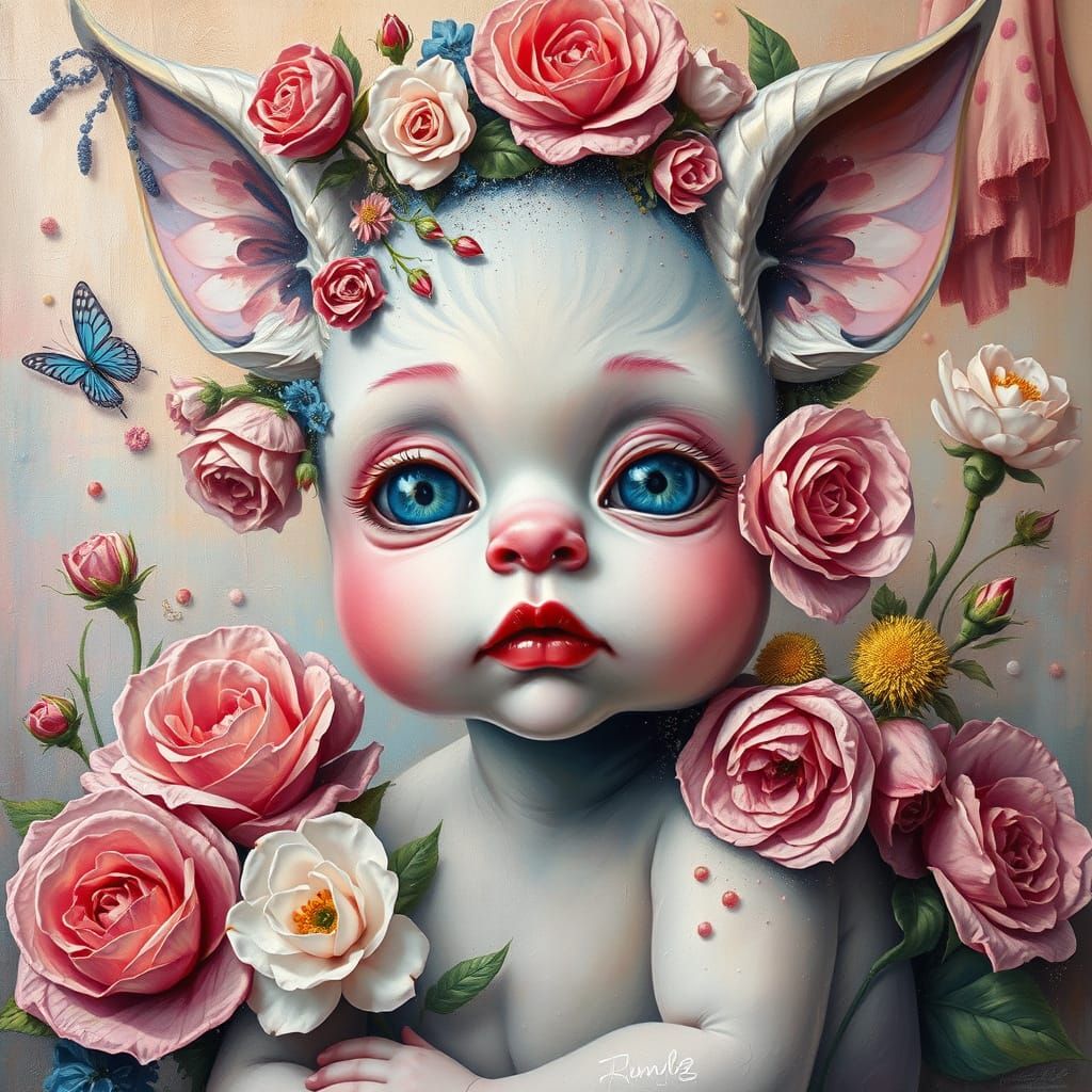 Whimsical Baby Creature Portrait in Surreal Oil Painting Sty...
