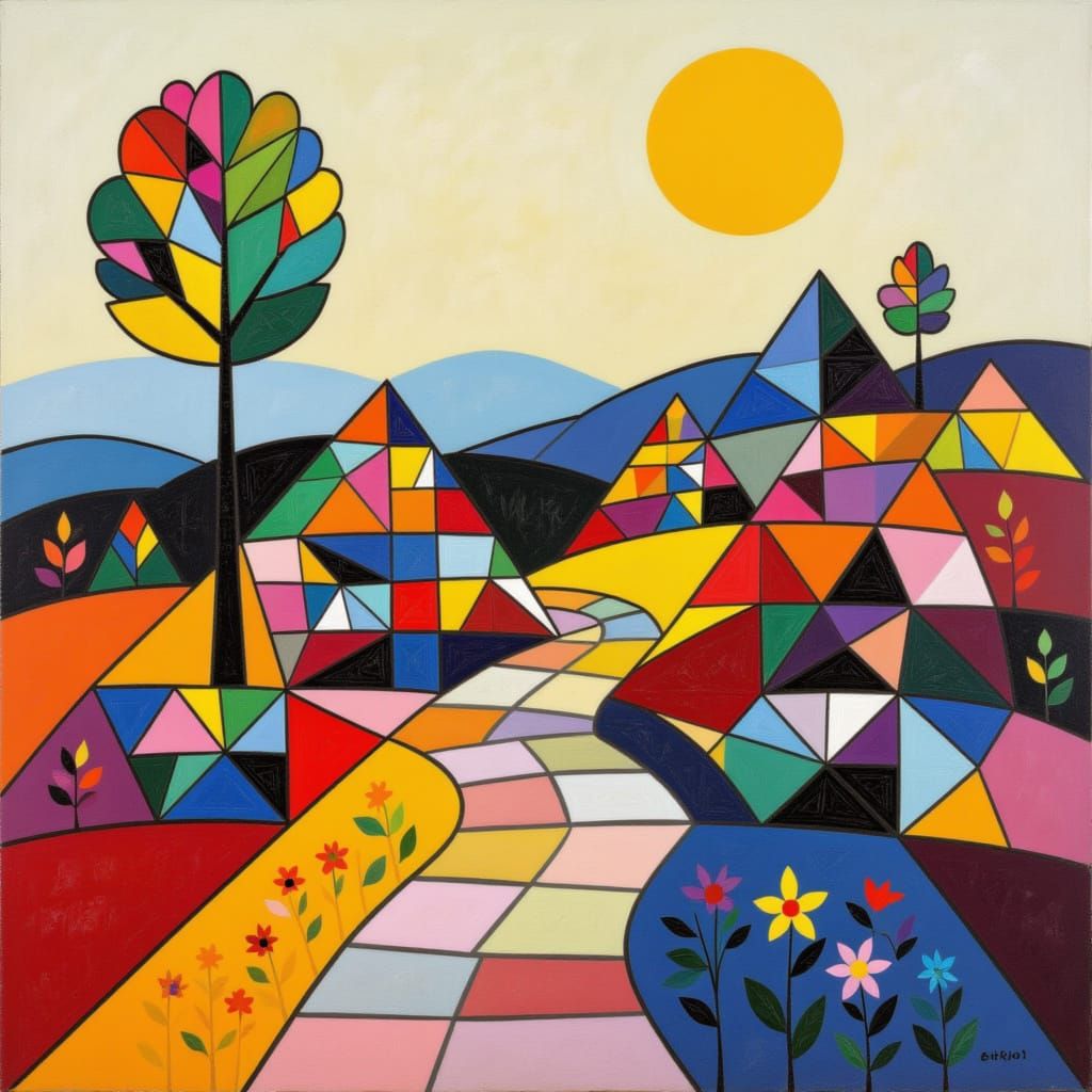 Surreal Geometric Landscape in Grid Pattern